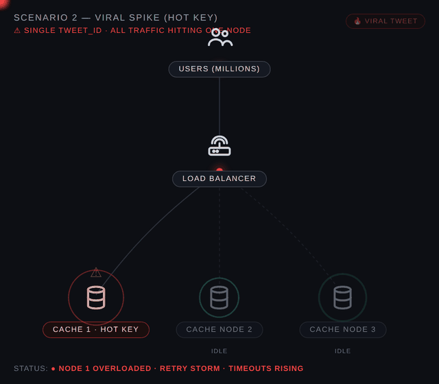 Viral spike — all traffic funnels into Cache Node 1