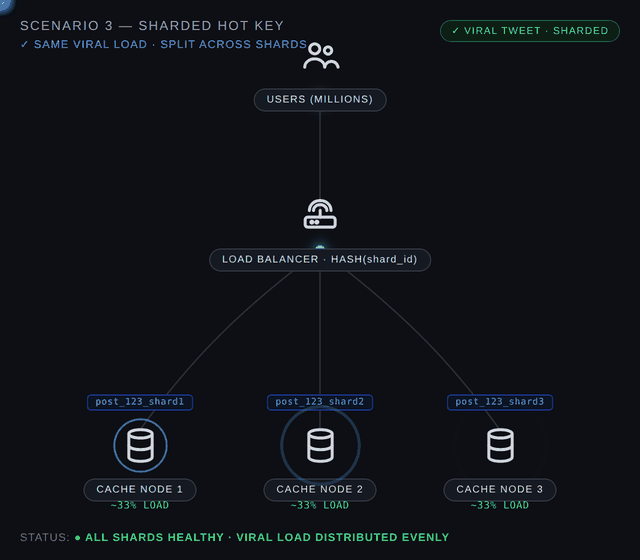 Sharded hot key — viral load split evenly across all nodes
